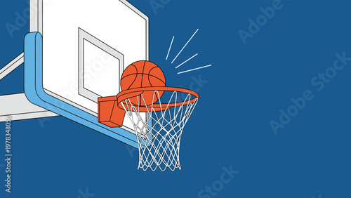 Orange basketball falling through the net of a hoop against a dark blue background with motion lines illustration.