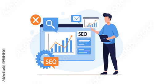 Man review data analysis charts and graphs for website SEO optimization