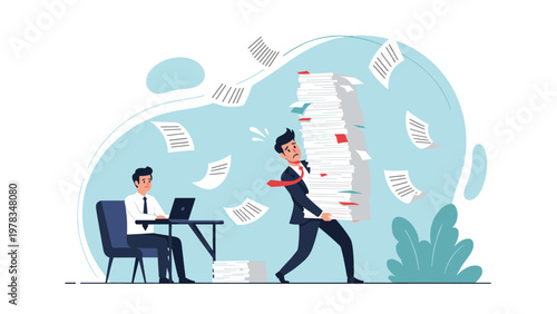 Overworked businessman carrying a massive stack of documents in a busy office with papers flying around illustration.