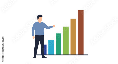 Illustration of a man pointing to a horizontal bar graph symbolizing data analysis