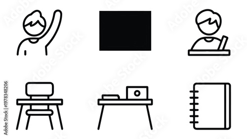 Classroom Icon Set: A collection of simple, clear icons, representing essential elements of a classroom setting, perfect for educational design.