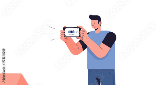 Illustration of a man with a casual style using a smartphone to capture content