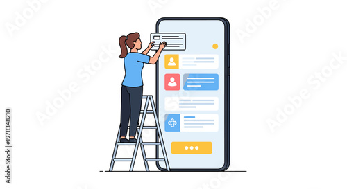 Woman climbs ladder to interact with oversized smartphone application interface banner