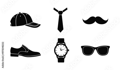 Black and white of cap tie mustache shoes watch sunglasses for father's day