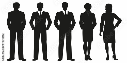 Silhouettes of five business professionals standing in a row