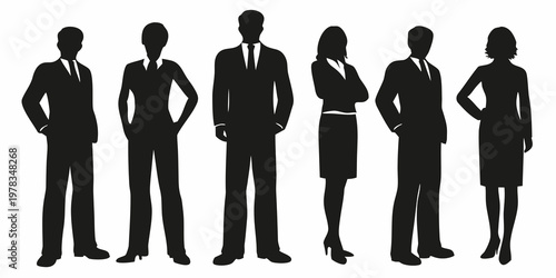 A group of six business professionals standing in a row silhouette
