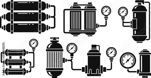 Set of black industrial pressure vessel icons, featuring gas tanks, filtration systems, hydraulic cylinders, gauges, and manufacturing equipment silhouettes for engineering and technical design.