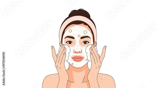 Beautiful young woman washing her face with cleansing foam and bubbles for skincare and hygiene routine.