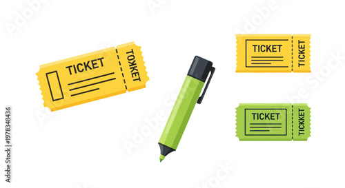 Yellow and green tickets with a highlighter pen, concept of selection or event planning