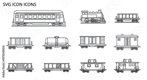 Vintage Train and Wagon Icons: Steam Engine, Passenger Car, Freight Cars