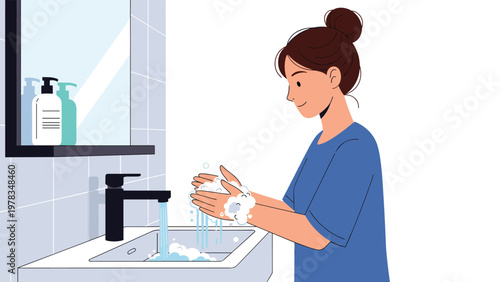 Young woman washing her hands with soap at a bathroom sink to prevent germs and maintain personal hygiene.
