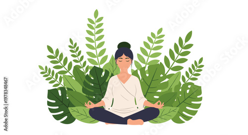 Woman Meditate in Yoga Pose Surrounded by Tropical Leaves - Wellness and Nature