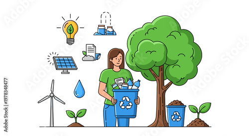 Illustration of a person promoting sustainability by recycling trash for a green future