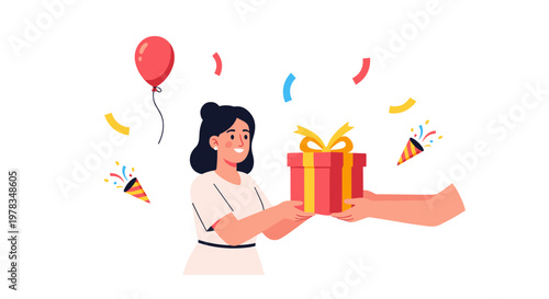 Joyful woman receives red wrapped gift box from person with confetti balloon festival