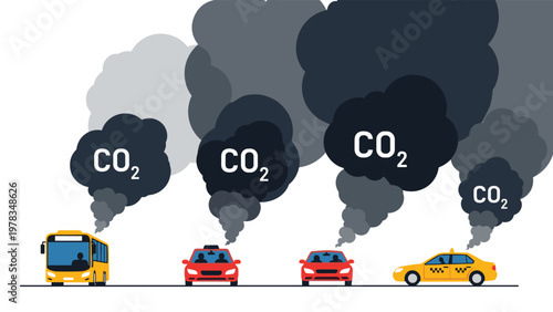 Bus and cars driving on a road and emitting dark CO2 exhaust fumes contributing to air pollution and climate change.
