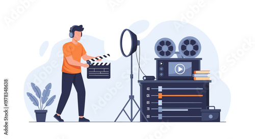 Man Record Film Video with Old Camera Creative Art Design for Media Industry