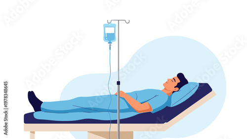 Male patient lying in a hospital bed while receiving medical treatment through an intravenous IV drip illustration.