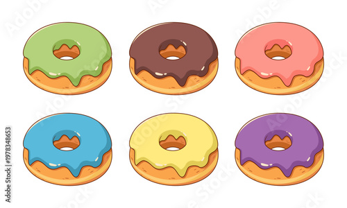 Flat vector of colorful delicious donuts. Sweet dessert collection for bakery, cafe, menu, sticker, packaging design