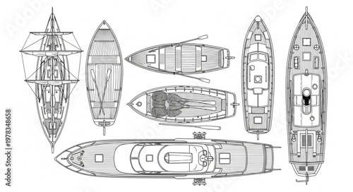 Collection of historical ship blueprints and naval architecture drawings.