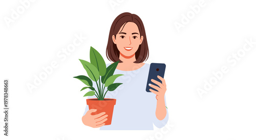 Happy woman display potted plant while holding phone engaging with nature and tech