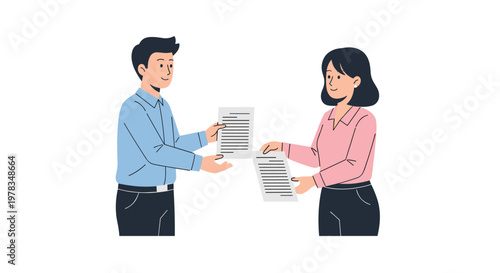 Two Business People Exchange Documents for Collaboration and Data Sharing