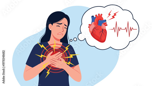 Young woman feeling sharp chest pain and clutching her heart with a thought bubble showing human heart and pulse.