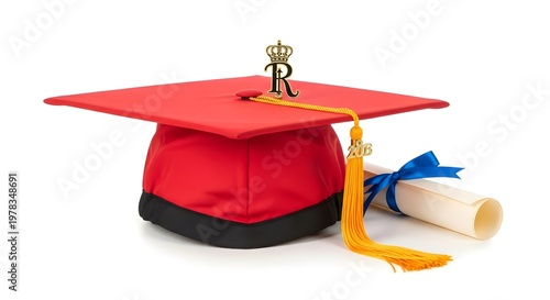 Academic Graduation Cap with Monogram Crown and Diploma Ribbon in Vibrant Red and Gold