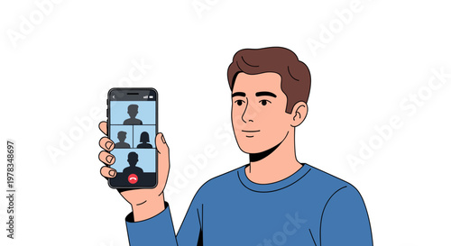 Illustration of a man holding a smartphone for a video conference call online