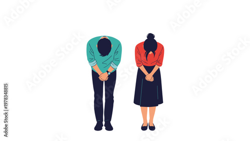 Man and woman in professional attire bowing their heads in a gesture of respect greeting or apology.