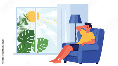 Man sitting in an armchair inside his home and sweating due to extreme summer heat and sun shining through window.