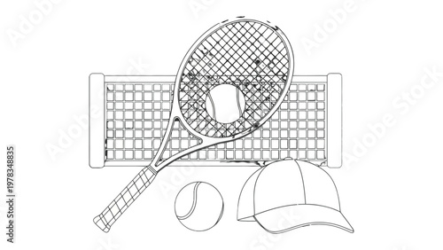Tennis Essentials: A meticulously crafted illustration features the core elements of tennis, portraying a racket, ball, net and a cap, all poised for the game.