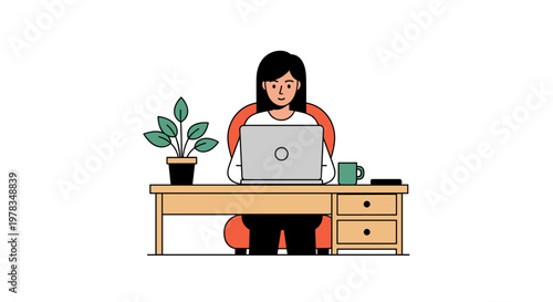 Minimalist illustration of a person work at a desk with laptop and plant