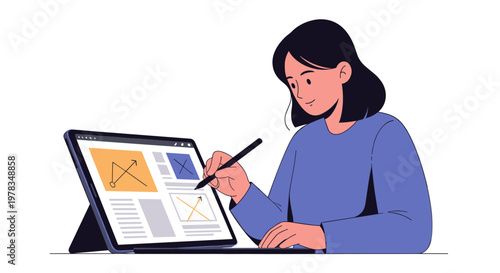 Woman Design User Interface Experience on Tablet Using Pen Stylus Illustration