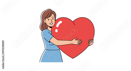 Illustration of a woman in a blue dress happily embracing a large red heart