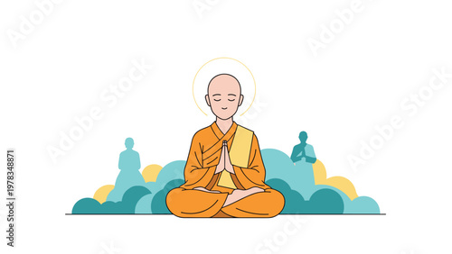 Buddhist monk in orange robes sitting in a lotus position and meditating in a peaceful environment illustration.