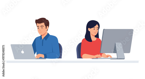 Illustration of man and woman work collaboratively on separate computers at office