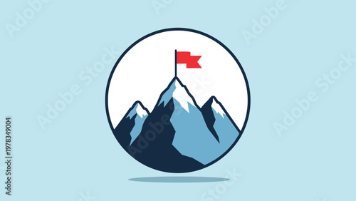 Red flag planted on the snowy peak of a high mountain inside a blue circle to represent the successful completion of a goal.