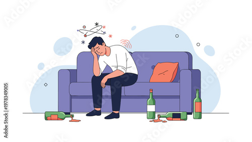 Tired and hungover man sitting on a sofa with a headache and empty alcohol bottles scattered on the floor.