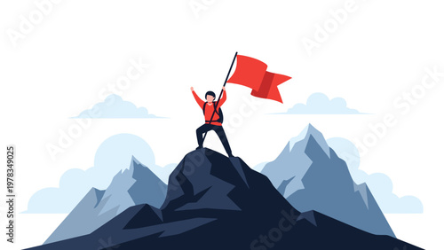Man celebrates success while standing on a mountain peak and holding a red flag as a symbol of achievement and goal accomplishment.