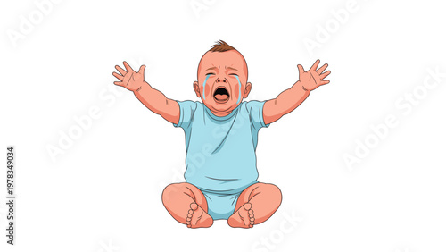 Sad baby boy sitting on the floor while crying and raising his arms in a gesture of distress or need for attention from parents.