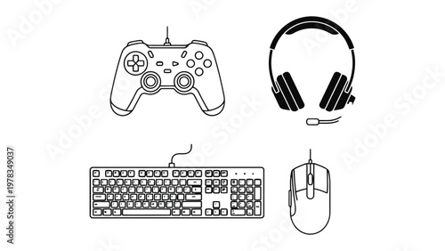 Essential Gaming Gear Lineup: A minimalist illustration of essential gaming accessories, including a gamepad, headset, keyboard, and mouse, perfect for enthusiasts and designers.