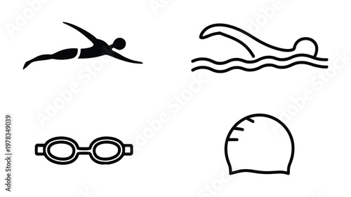 Swimming Icon Set: A collection of simple, stylized icons, perfect for representing the essence of swimming with its gear and strokes. 