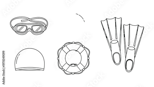 Swimming Gear Essentials: A collection of essential swimming accessories, including goggles, fins, swim cap and lifebuoy, are presented in a sleek, simple, outline drawing.