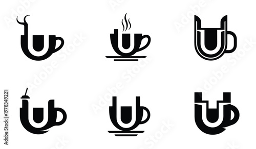 Six black coffee cup with steam and letter u cups mugs