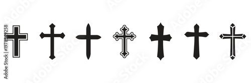 Black of Christian crosses in distressed styles, featuring various shapes on a white background, icon sheet in grunge style. Christian cross set. Abstract religious cross icons, vector illustration