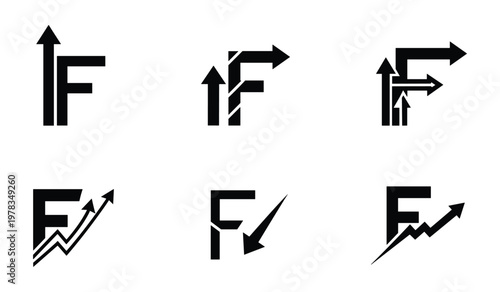 Six black and white arrow symbols integrated with bold letter f in varied directions arrows