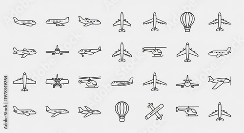 Collection of Hand Drawn Airplane and Hot Air Balloon Icons.