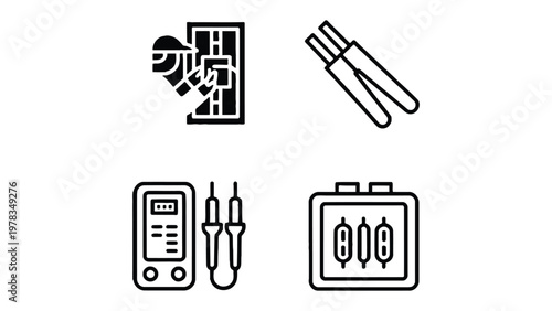 Electricity Icons: A set of clean, minimalist icons that depict various facets of electrical work, from cable inspection to digital meters.
