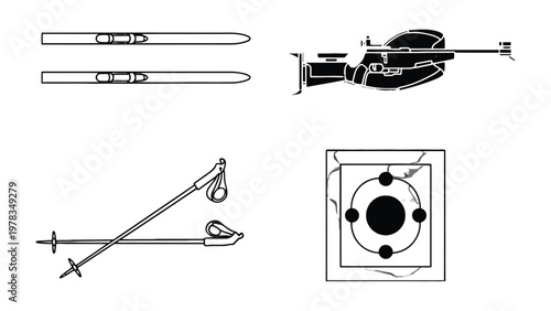 Biathlon Essentials: An isolated display showcases the core components of the biathlon, a sport that requires both skiing and marksmanship. Depicting skis, a rifle, poles, and a target.
