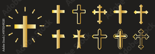 Black of Christian crosses in distressed styles, featuring various shapes on a white background, icon sheet in grunge style. Christian cross set. Abstract religious cross icons, vector illustration